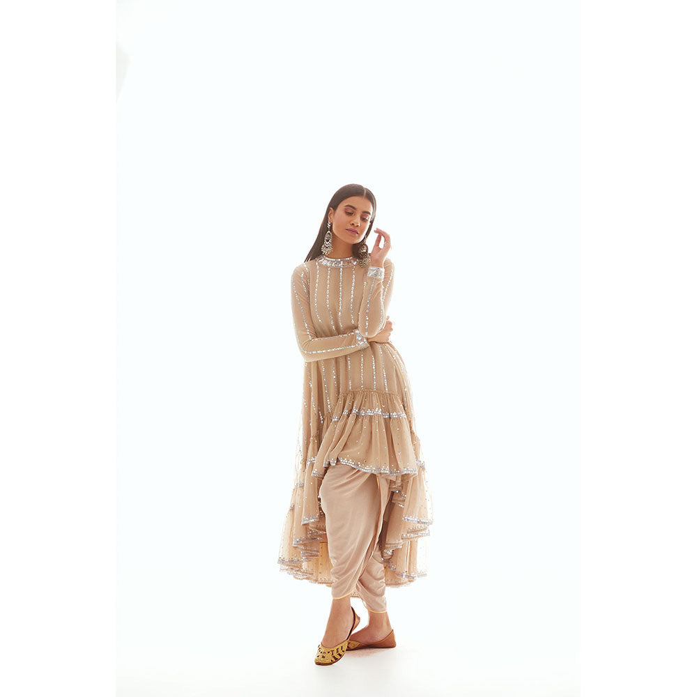 Vvani by Vani Vats Beige High Low Kurta with Dhoti & Inner (Set of 3)