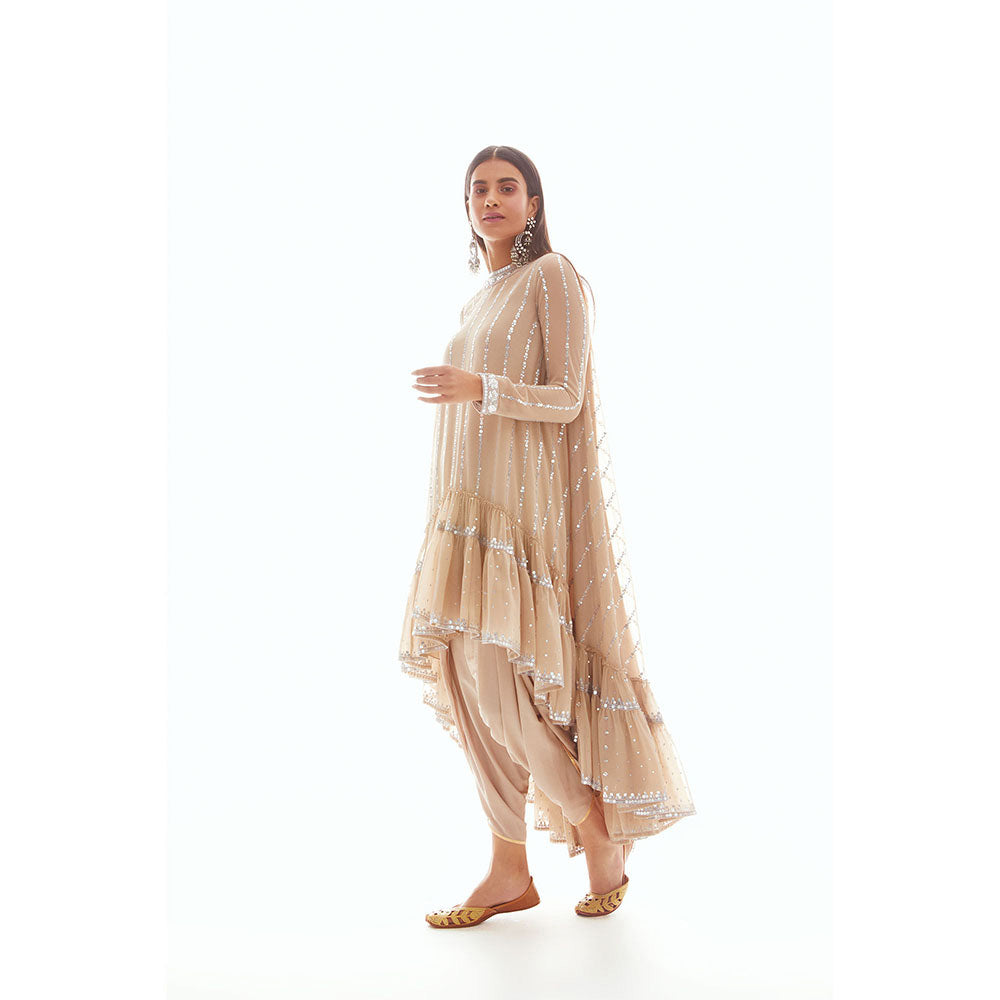 Vvani by Vani Vats Beige High Low Kurta with Dhoti & Inner (Set of 3)