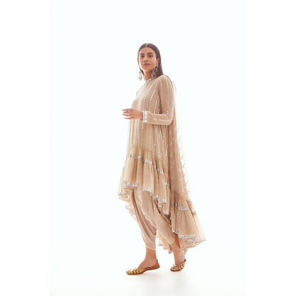 Vvani by Vani Vats Beige High Low Kurta with Dhoti & Inner (Set of 3)