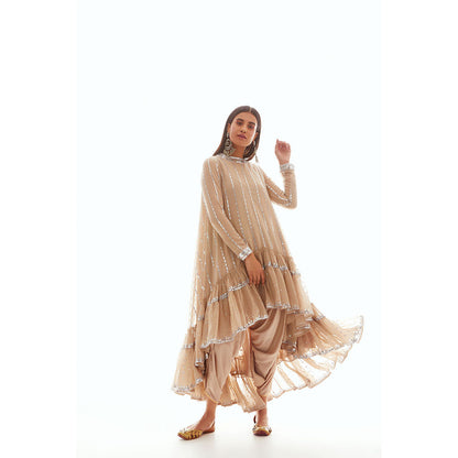 Vvani by Vani Vats Beige High Low Kurta with Dhoti & Inner (Set of 3)