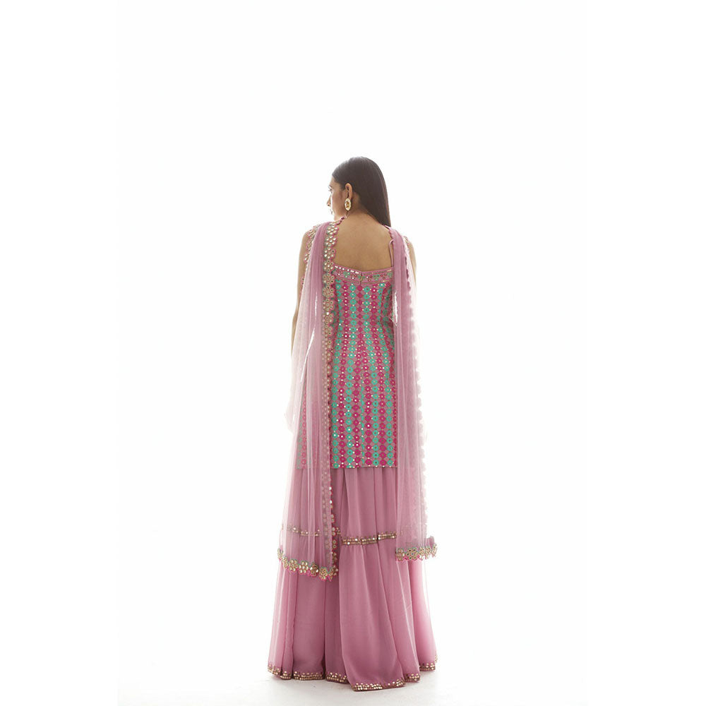 Vvani by Vani Vats Onion Pink Applique Kurti with Sharara & Dupatta (Set of 3)