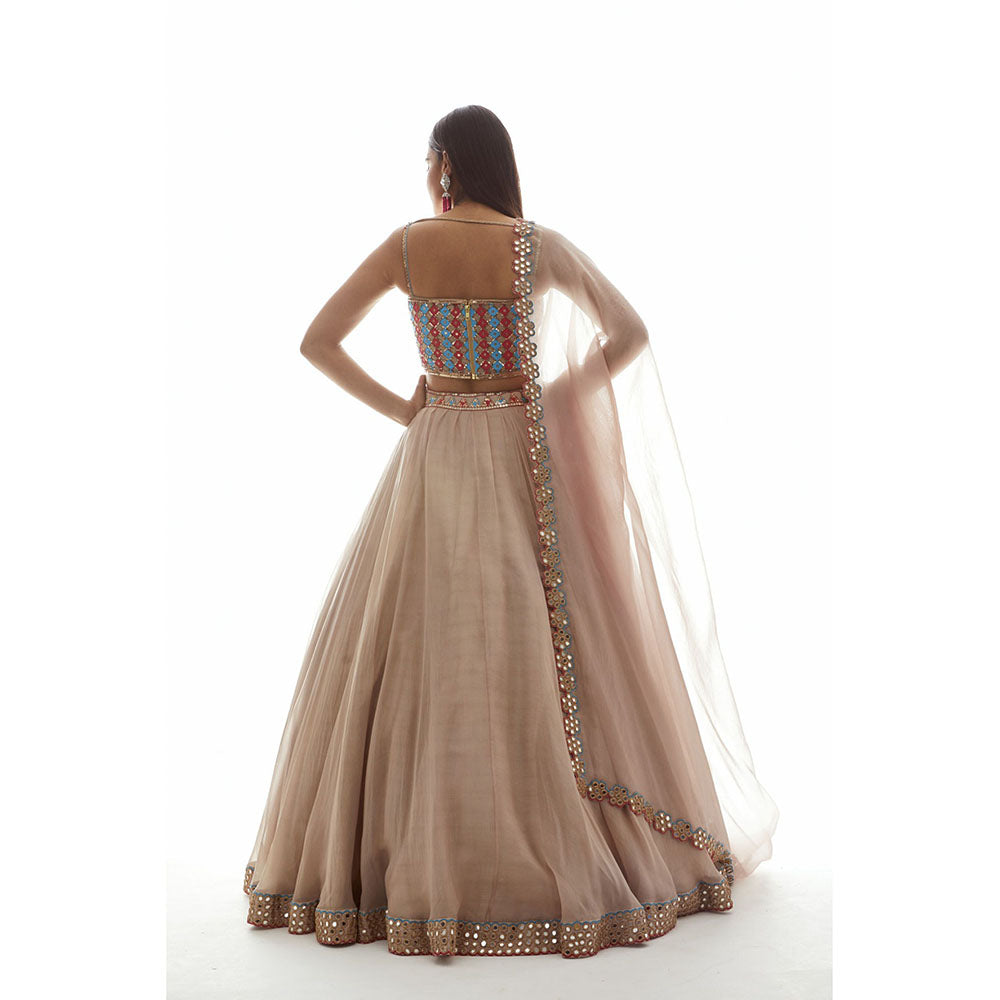 Vvani by Vani Vats Beige Applique Corset Blouse with Lehenga & Dupatta (Set of 3)