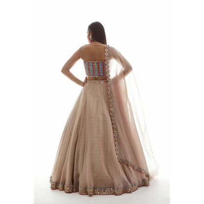 Vvani by Vani Vats Beige Applique Corset Blouse with Lehenga & Dupatta (Set of 3)