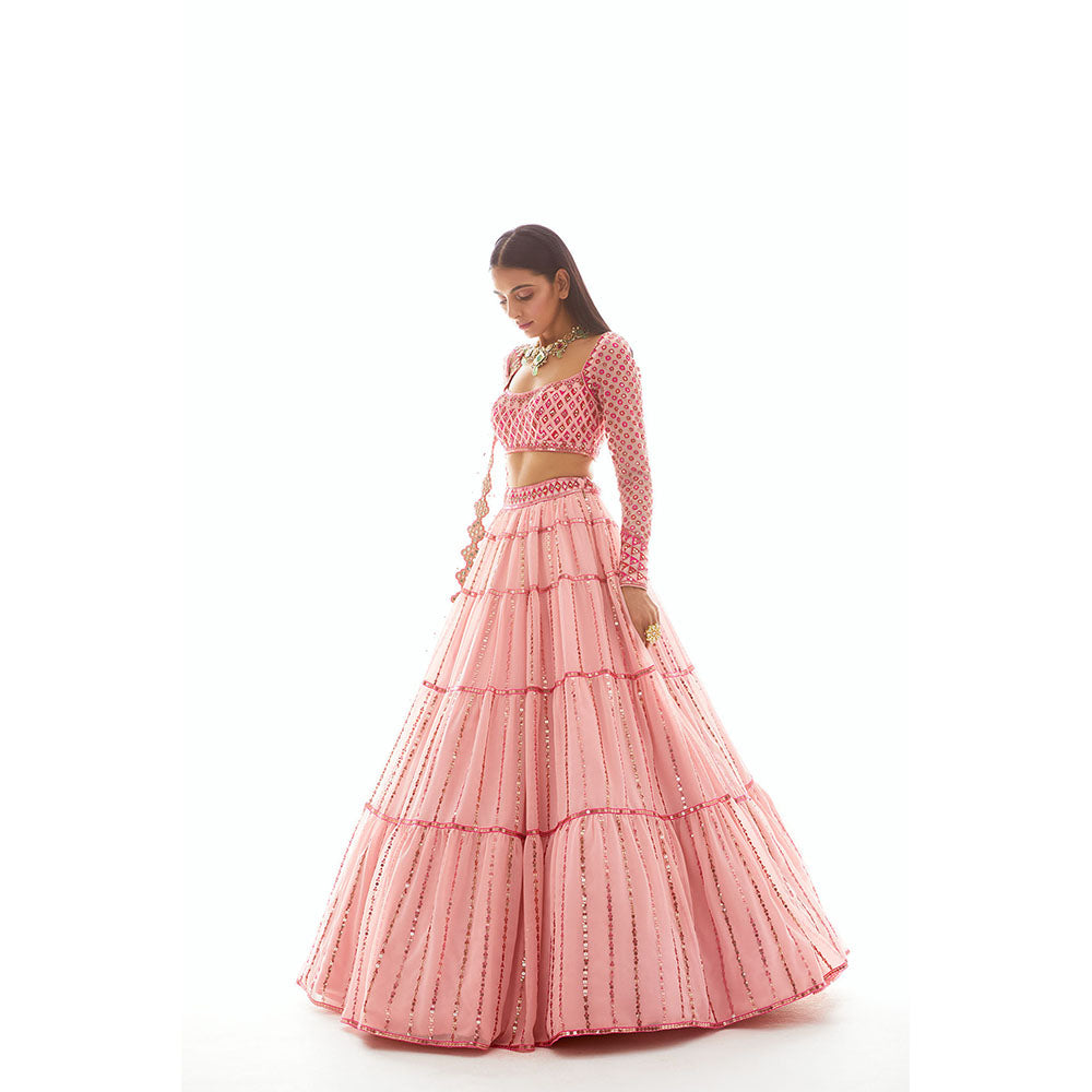 Vvani by Vani Vats Pink Applique Tier Blouse with Lehenga & Dupatta (Set of 3)