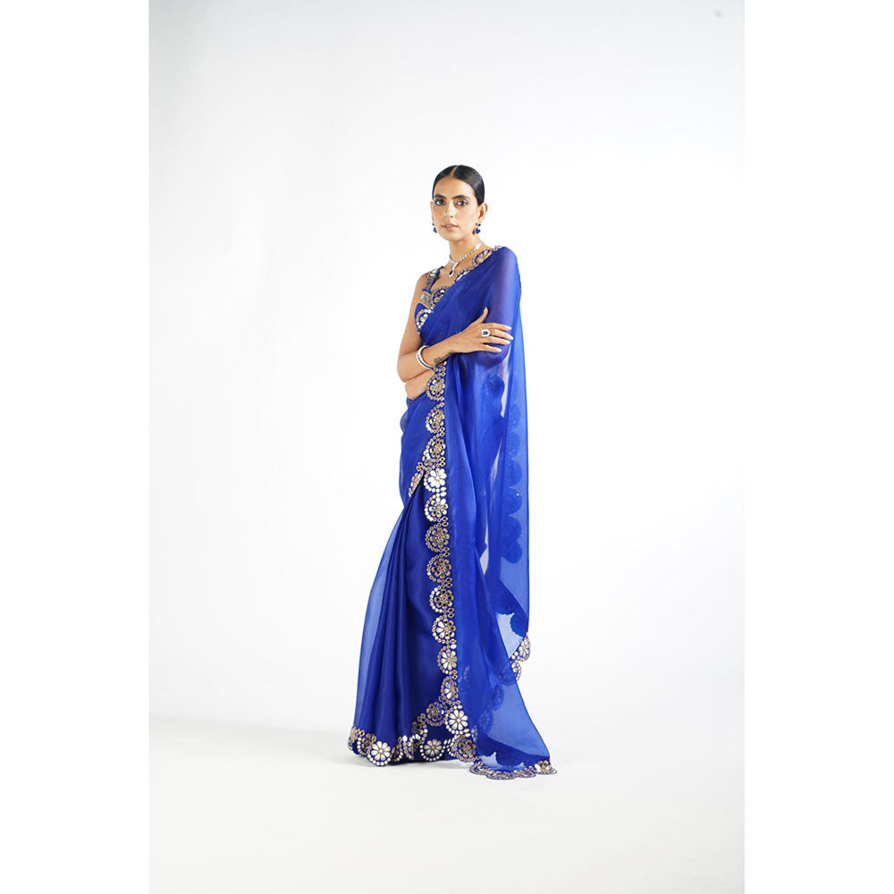 Vvani by Vani Vats Royal Blue Mirror Scallop Saree & Stitched Blouse