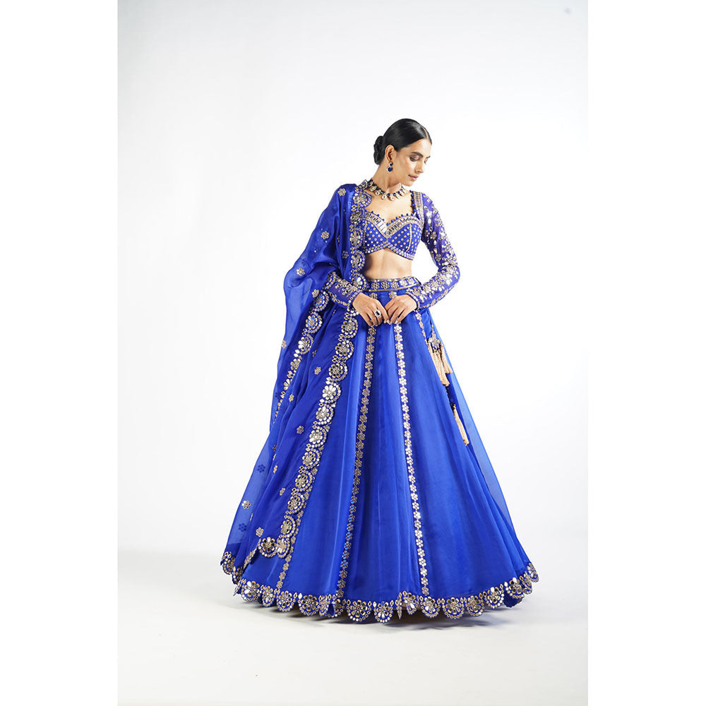 Vvani by Vani Vats Royal Blue Embroidered Blouse with Lehenga & Dupatta (Set of 3)