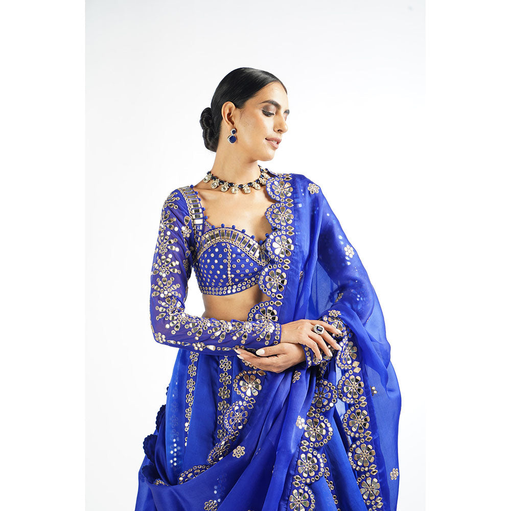 Vvani by Vani Vats Royal Blue Embroidered Blouse with Lehenga & Dupatta (Set of 3)
