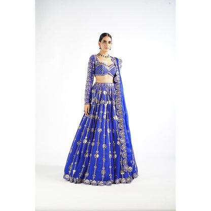 Vvani by Vani Vats Royal Blue Big Flower Linear Blouse with Lehenga & Dupatta (Set of 3)