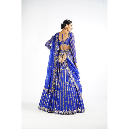 Vvani by Vani Vats Royal Blue Small Flower Linear Blouse with Lehenga & Dupatta (Set of 3)