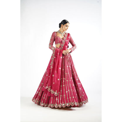 Vvani by Vani Vats Mellow Pink Small Flower Linear Blouse with Lehenga & Dupatta (Set of 3)