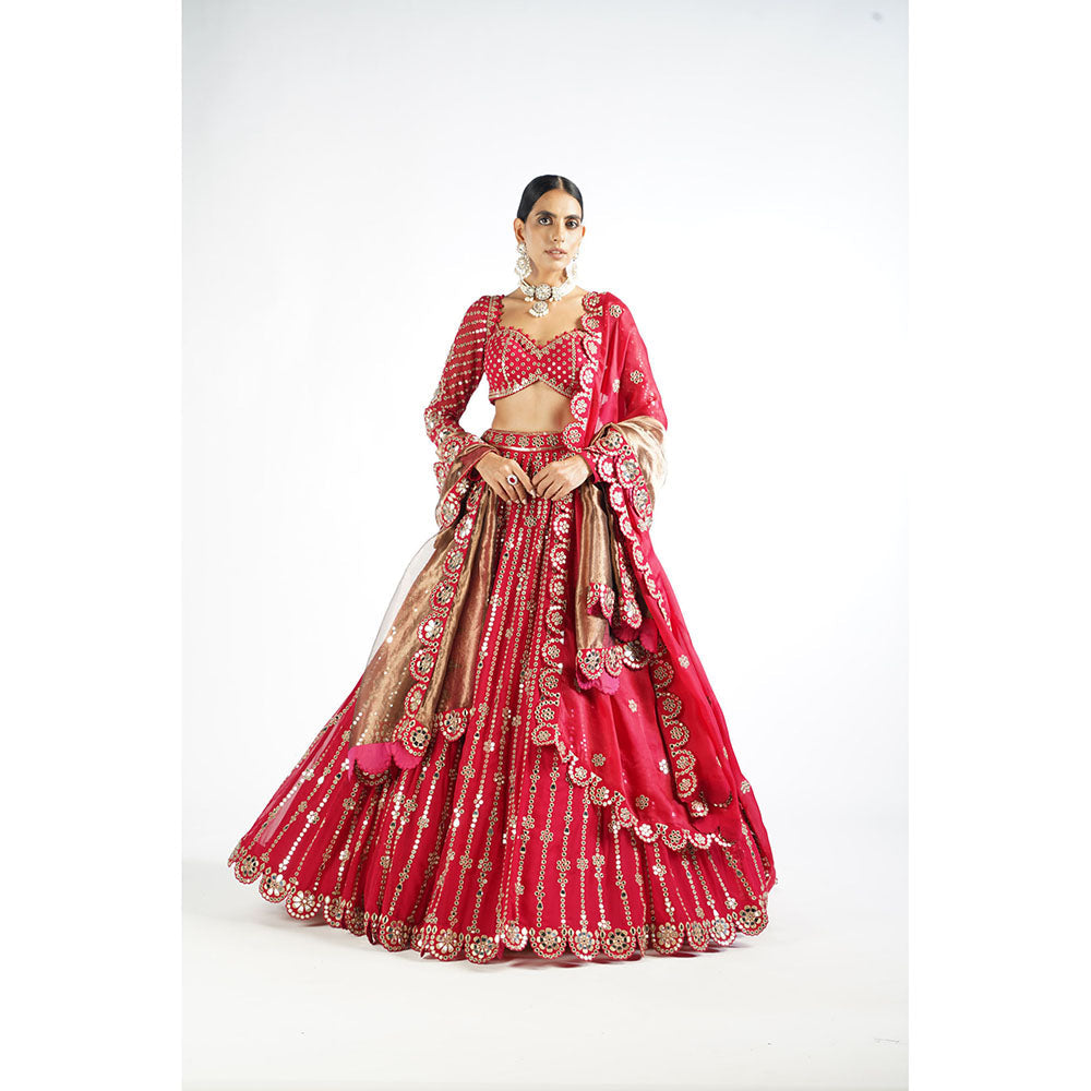 Vvani by Vani Vats Mellow Pink Small Flower Lehenga with Blouse & 2 Dupatta's (Set of 4)