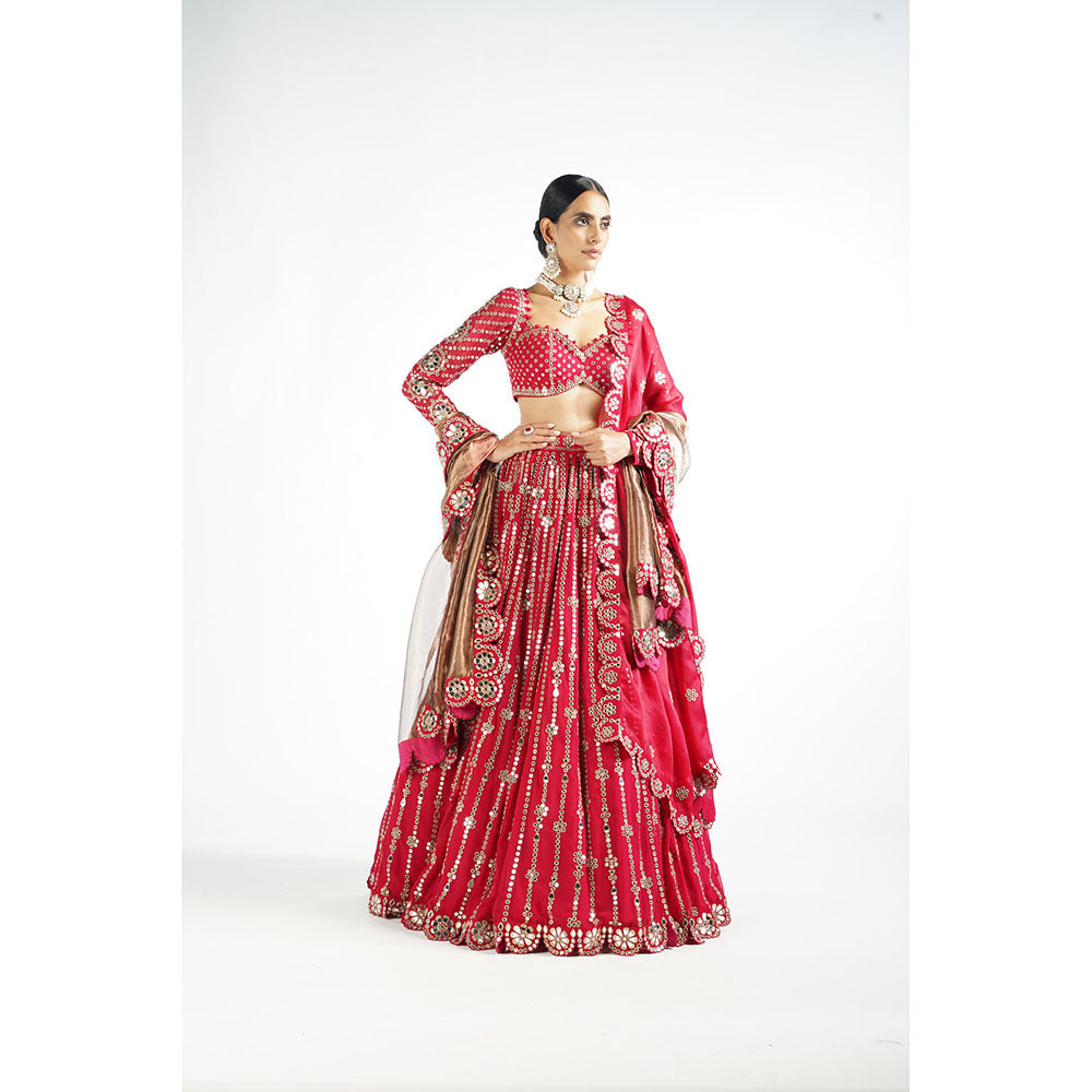 Vvani by Vani Vats Mellow Pink Small Flower Lehenga with Blouse & 2 Dupatta's (Set of 4)