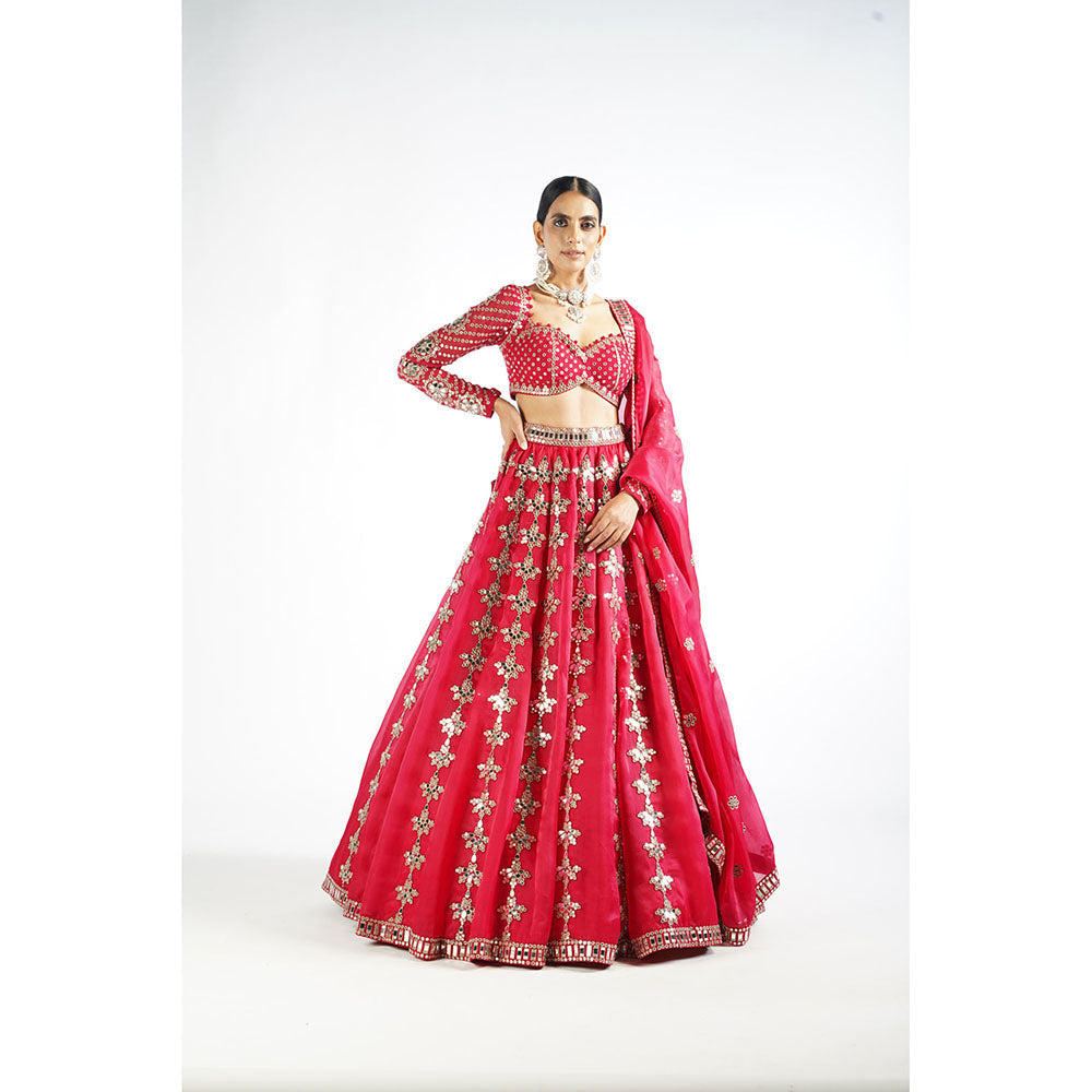 Vvani by Vani Vats Crimson Red Chandelier Drop Blouse with Lehenga & Dupatta (Set of 3)