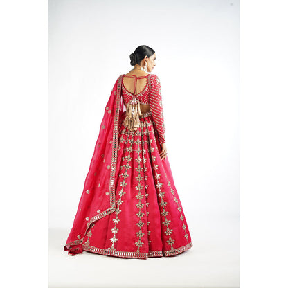 Vvani by Vani Vats Crimson Red Chandelier Drop Blouse with Lehenga & Dupatta (Set of 3)
