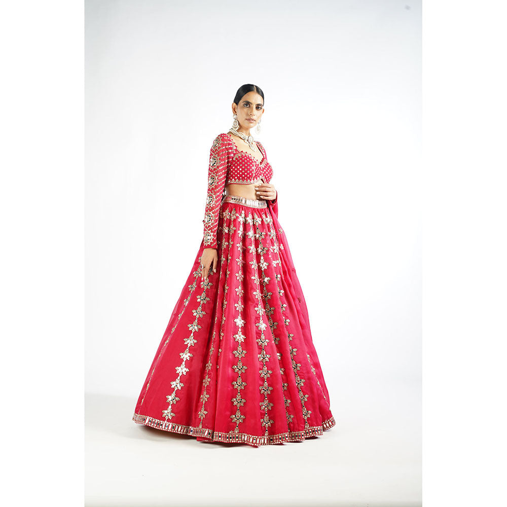 Vvani by Vani Vats Crimson Red Chandelier Drop Blouse with Lehenga & Dupatta (Set of 3)