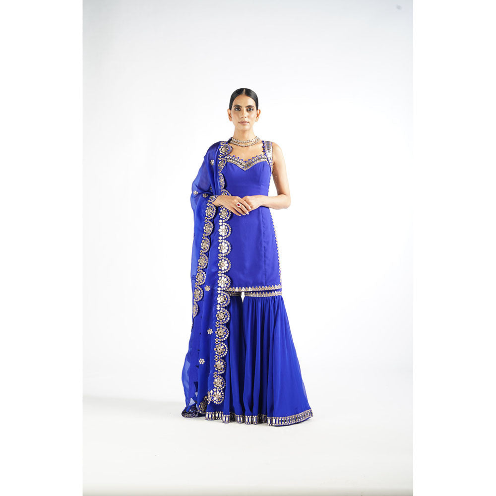 Vvani by Vani Vats Royal Blue Georgette Sharara (Set of 3)