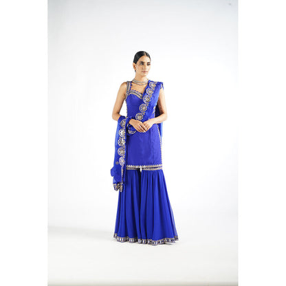 Vvani by Vani Vats Royal Blue Georgette Sharara (Set of 3)