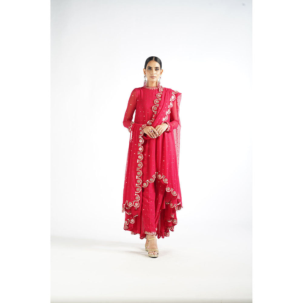 Vvani by Vani Vats Crimson Red Scallop Kurta & Pant with Dupatta (Set of 3)