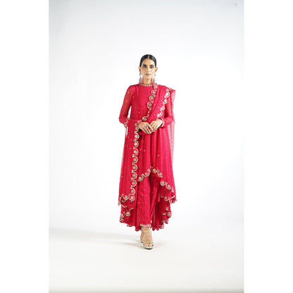 Vvani by Vani Vats Crimson Red Scallop Kurta & Pant with Dupatta (Set of 3)