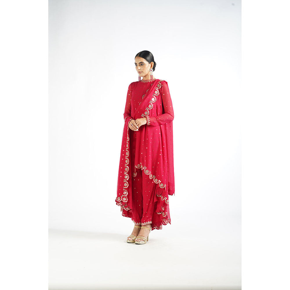 Vvani by Vani Vats Crimson Red Scallop Kurta & Pant with Dupatta (Set of 3)