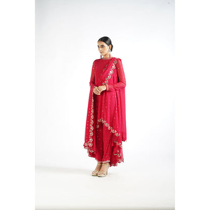 Vvani by Vani Vats Crimson Red Scallop Kurta & Pant with Dupatta (Set of 3)