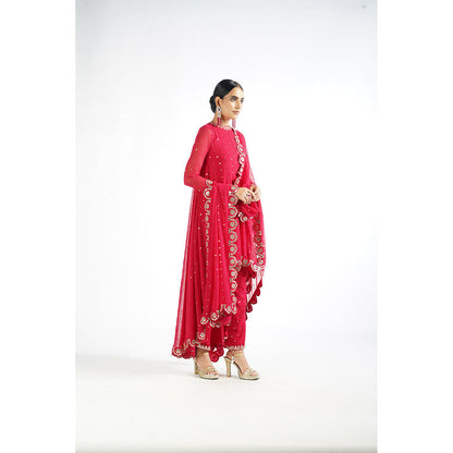 Vvani by Vani Vats Crimson Red Scallop Kurta & Pant with Dupatta (Set of 3)