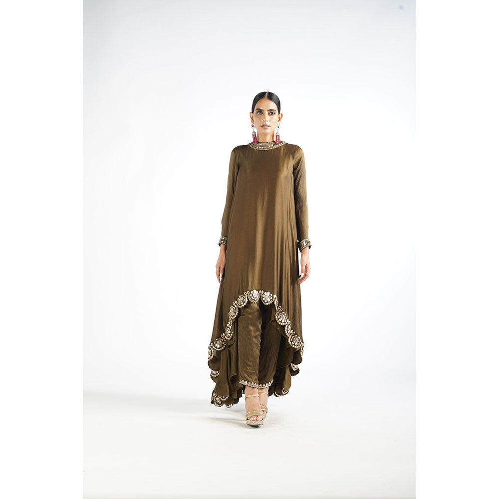 Vvani by Vani Vats Olive Green Scallop Pant Kurta & Pant with Lining (Set of 3)
