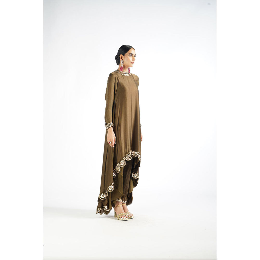 Vvani by Vani Vats Olive Green Scallop Pant Kurta & Pant with Lining (Set of 3)