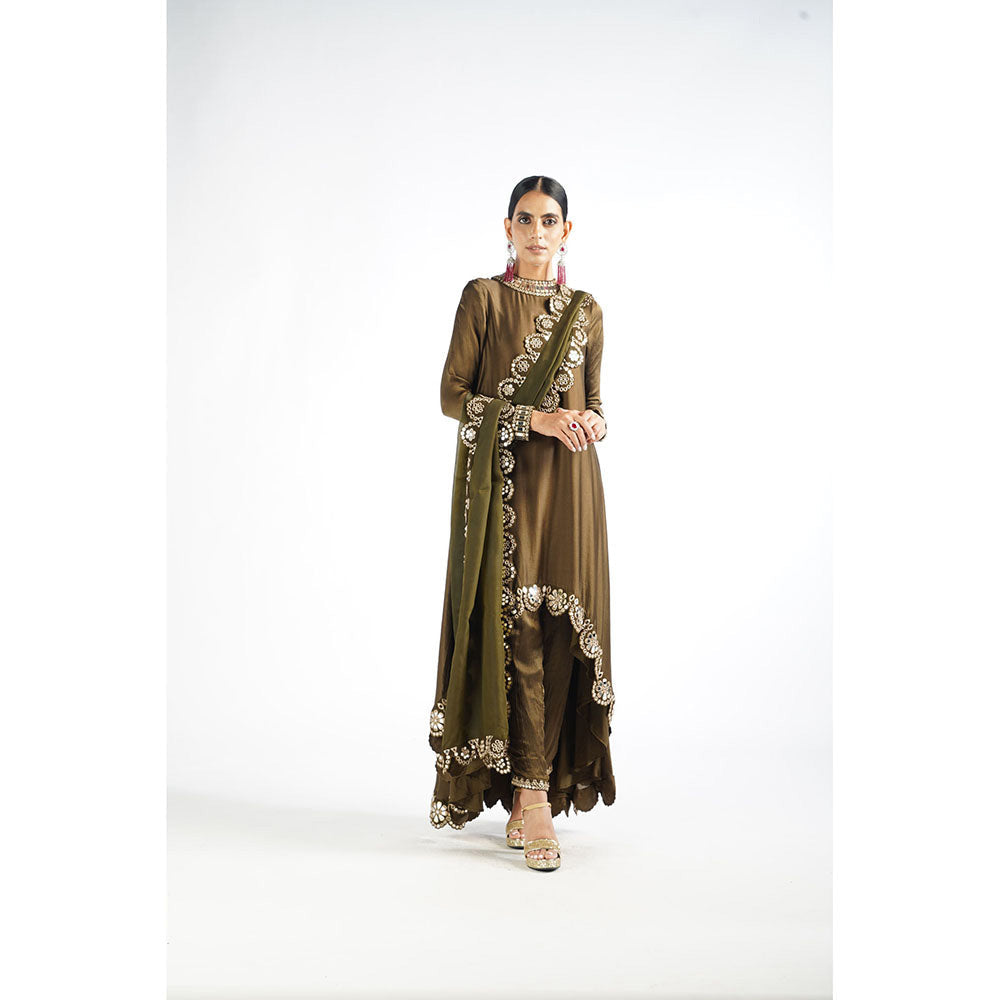 Vvani by Vani Vats Olive Green Mirror Scallop Kurta & Pant with Dupatta (Set of 3)