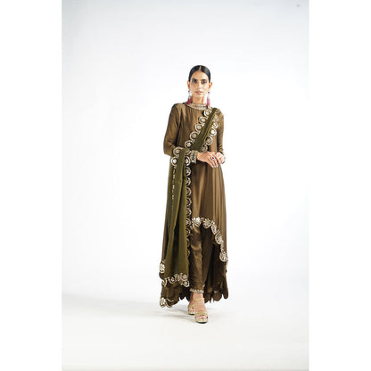Vvani by Vani Vats Olive Green Mirror Scallop Kurta & Pant with Dupatta (Set of 3)