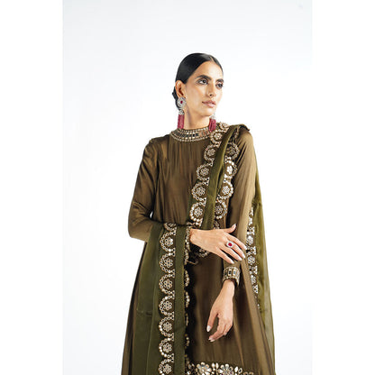 Vvani by Vani Vats Olive Green Mirror Scallop Kurta & Pant with Dupatta (Set of 3)