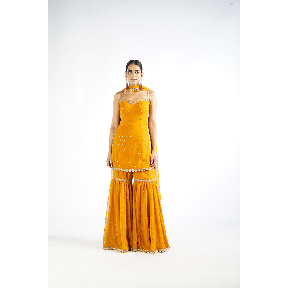 Vvani by Vani Vats Mustard Georgette Kurta with Sharara & Dupatta (Set of 3)