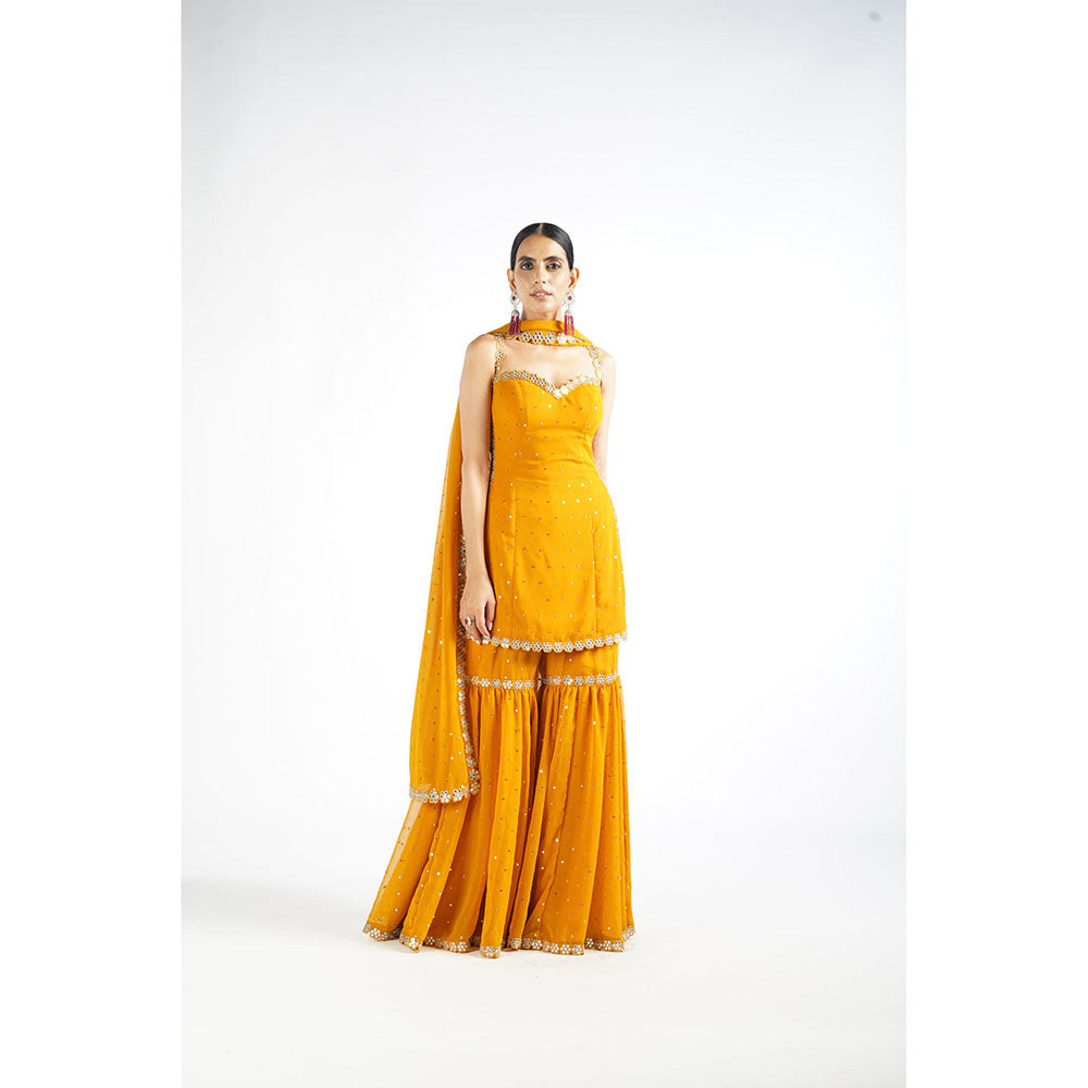 Vvani by Vani Vats Mustard Georgette Kurta with Sharara & Dupatta (Set of 3)