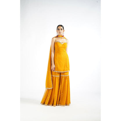 Vvani by Vani Vats Mustard Georgette Kurta with Sharara & Dupatta (Set of 3)
