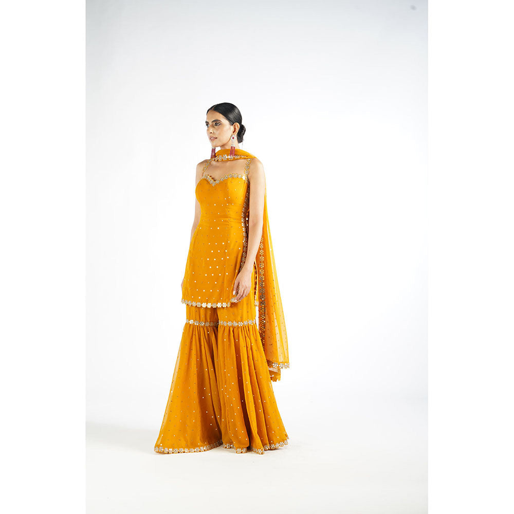 Vvani by Vani Vats Mustard Georgette Kurta with Sharara & Dupatta (Set of 3)
