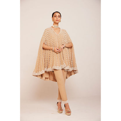 Vvani by Vani Vats Pearl Embellished Beige Asymmetrical Cape Paired with Pant (Set of 2)
