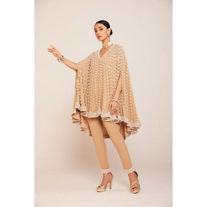 Vvani by Vani Vats Pearl Embellished Beige Asymmetrical Cape Paired with Pant (Set of 2)