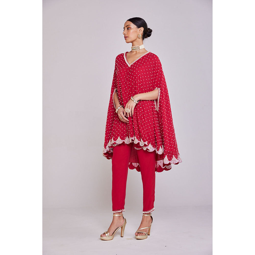 Vvani by Vani Vats Pearl Embellished Crimson Red Asymmetrical Cape Paired with Pant (Set of 2)