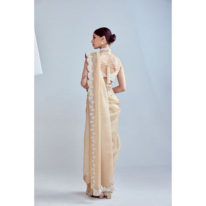 Vvani by Vani Vats Beige Pearl Embellished Saree with Blouse and Belt