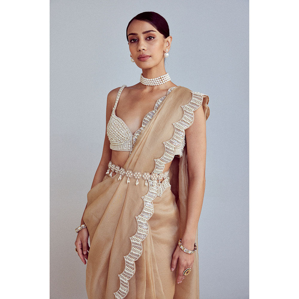 Vvani by Vani Vats Beige Pearl Embellished Saree with Blouse and Belt