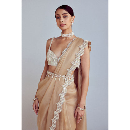 Vvani by Vani Vats Beige Pearl Embellished Saree with Blouse and Belt