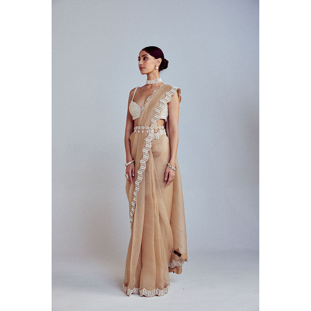 Vvani by Vani Vats Beige Pearl Embellished Saree with Blouse and Belt