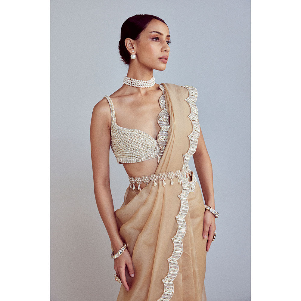 Vvani by Vani Vats Beige Pearl Embellished Saree with Blouse and Belt
