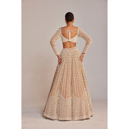 Vvani by Vani Vats Beige Chandelier Pearl Lehenga with Blouse & Dupatta (Set of 3)
