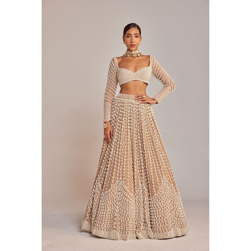 Vvani by Vani Vats Beige Chandelier Pearl Lehenga with Blouse & Dupatta (Set of 3)
