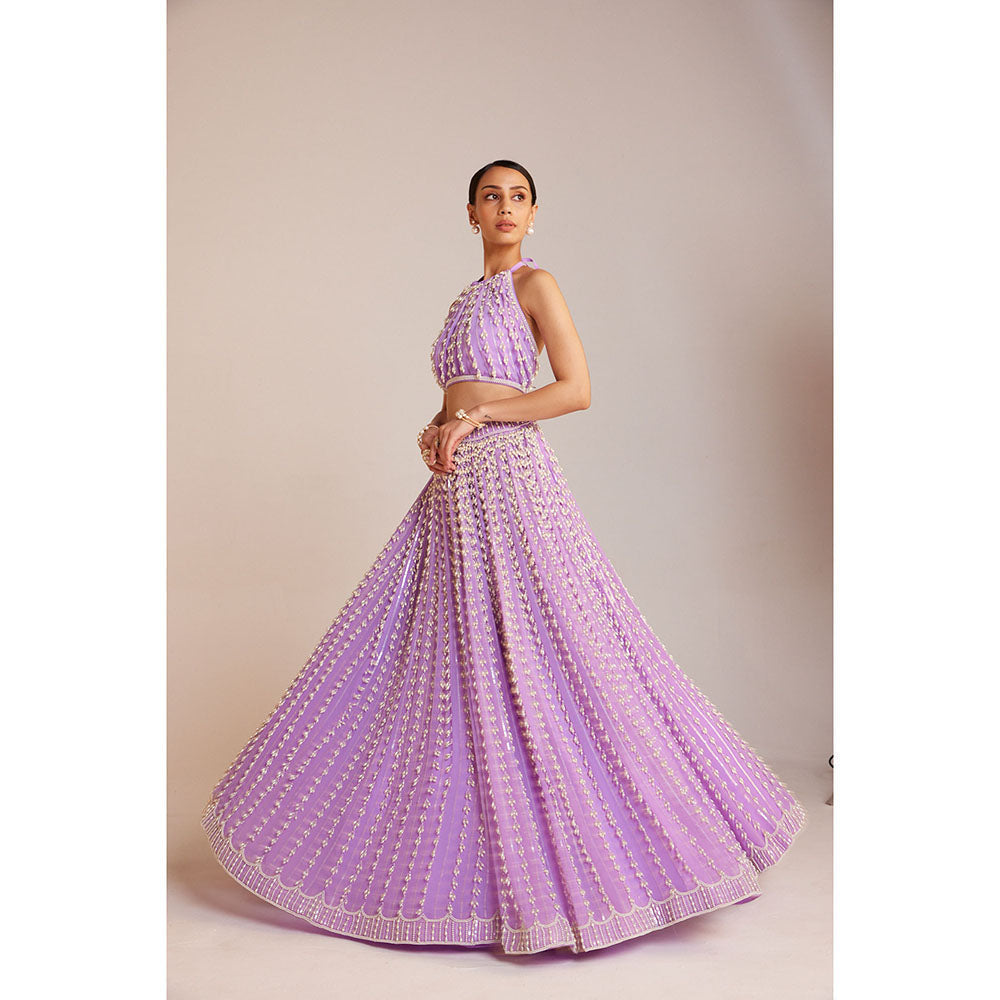 Vvani by Vani Vats Lilac Chandelier Skirt Paired with Halter Neck Drop Crop Top (Set of 2)