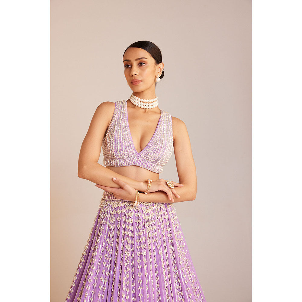 Vvani by Vani Vats Lilac Chandelier Pearl Lehenga with Pearl Blouse, Dupatta & Belt (Set of 4)