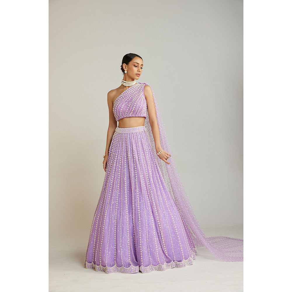 Vvani by Vani Vats Lilac Pearl Embellished Lehenga with Blouse & Trail (Set of 3)