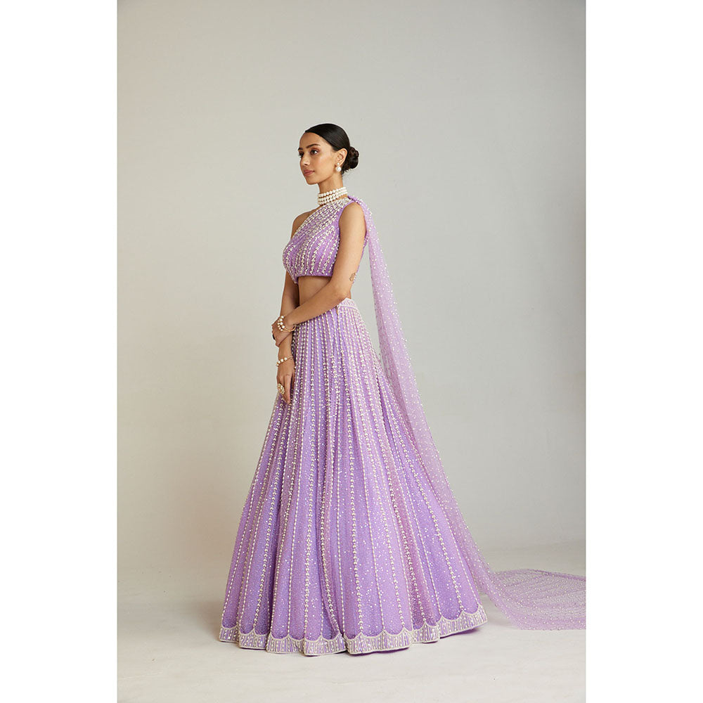 Vvani by Vani Vats Lilac Pearl Embellished Lehenga with Blouse & Trail (Set of 3)