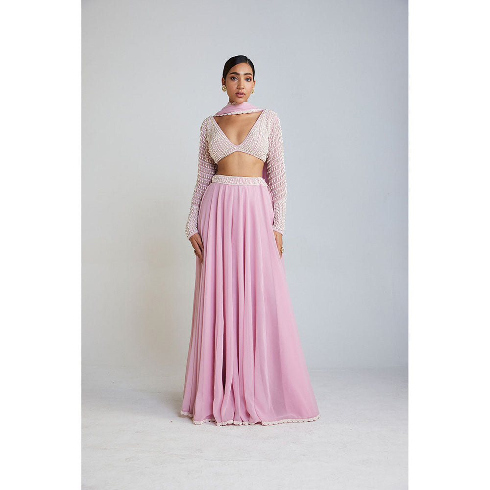 Vvani by Vani Vats Pearl Embellished Blouse with Lehenga Palazzo And Dupatta (Set of 3)